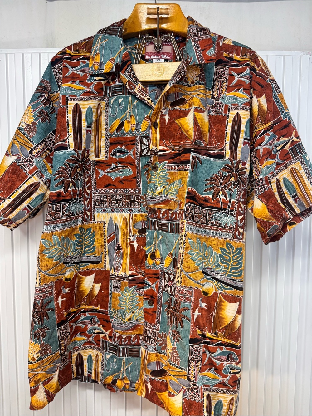 RJC Hawaiian Shirt Mens 3XL Tapa Patchwork  Made in Hawaii